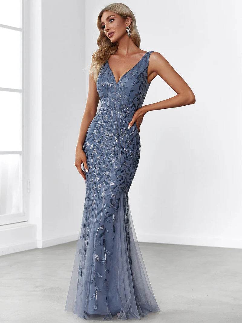 Women's Double V-Neck Fishtail Evening Dress – Sequin Glamour Gown - Biamonde